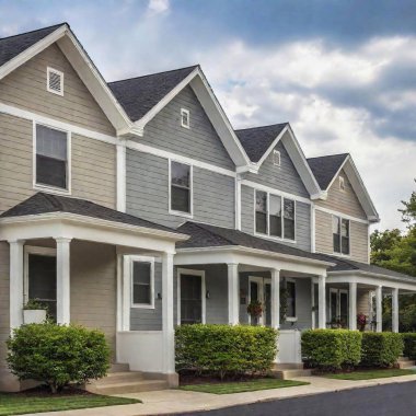 A high-resolution ultrarealistic image of a serene suburban neighborhood, captured using high-quality photography. The scene features a row of modern, two-story houses with well-maintained front lawns. The houses are painted in muted shades of gray clipart