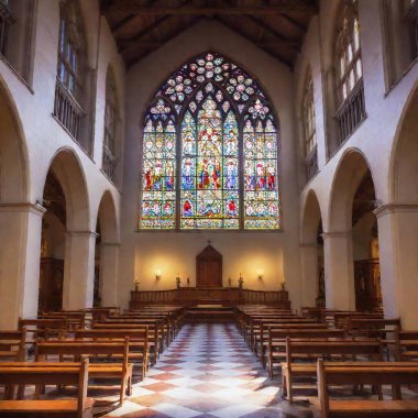 A high-resolution digital artwork depicts the interior of a dimly lit, empty church with wooden pews aligned in rows. A grand, colorful stained glass window dominates the back wall, casting vibrant, multicolored reflections on the stone floor. The clipart