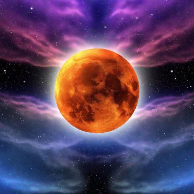 A high-resolution digital artwork depicting a mesmerizing celestial scene. Dominating the center is a large, vivid red moon with intricate surface details, casting a warm, reddish glow. The moon is surrounded by thick, billowing clouds tinged with clipart