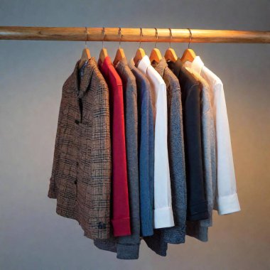 A high-resolution ultrarealistic image depicting a neatly organized wardrobe showcasing a line of clothes hanging on a wooden rod. The clothing includes a variety of shirts and jackets, predominantly featuring earthy and vibrant hues such as blue clipart