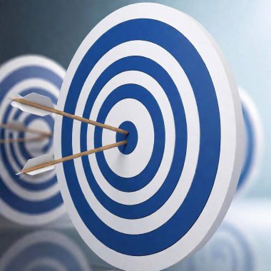 A high-resolution ultrarealistic image depicting a row of blue and white archery targets, with the focus on three arrows perfectly hitting the bullseye of the nearest target. The scene progresses into the background, showcasing depth and perspective clipart