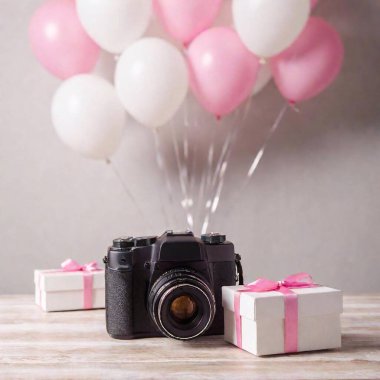 A high-resolution ultrarealistic image of a photographer capturing a serene moment of celebration, captured in a digital photo style. The focal point is two neatly wrapped, white gift boxes adorned with delicate pink ribbons, arranged on a clipart