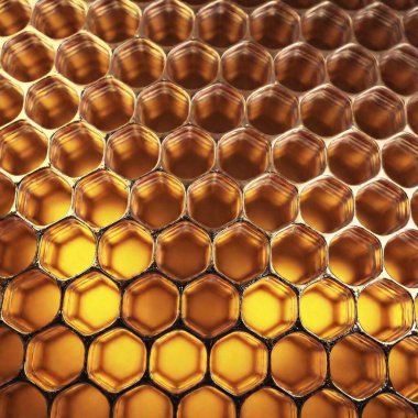 A high-resolution ultrarealistic image depicting a close-up view of a honeycomb structure, created using high-quality digital art. The honeycomb cells are perfectly hexagonal and filled with glistening, translucent golden honey, reflecting light clipart