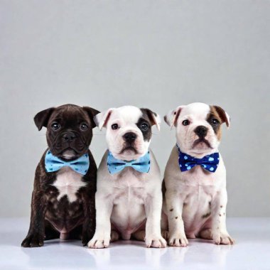 A high-resolution, ultrarealistic photo depicting three adorable puppies against a pure white background. Each puppy is adorned with stylish accessories, including blue sunglasses and blue bow ties with intricate, contrasting white patterns. The clipart