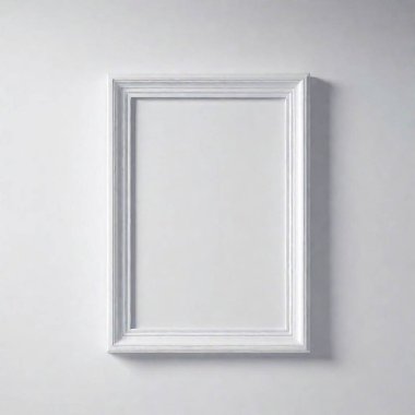 A high-resolution ultrarealistic image of a minimalist, modern empty picture frame mounted on a plain white wall. The artwork is a photo capturing a pristine, sharply defined rectangular frame painted in white, blending seamlessly with the clipart