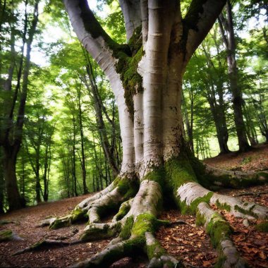 A high-resolution ultrarealistic image of an ancient tree in a dense forest, captured with photographic precision. The tree's thick, gnarled roots twist and sprawl across the forest floor, creating a sense of age and strength. Sunlight pierces clipart