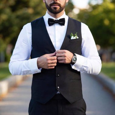 A high-resolution ultrarealistic image of a man in a classic black tuxedo. The digital photograph captures him from the mid-torso up. The man is adjusting his suit jacket with one hand while the other hand is near his waist. He is wearing a white clipart