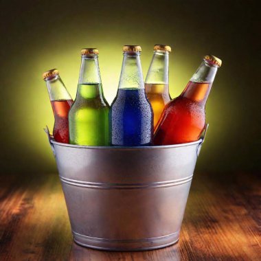 A high-resolution ultrarealistic image of several colorful glass bottles of soda. This digital photo showcases green, orange, red, and blue soda bottles, chilled inside a bucket filled with ice. Each bottle is covered with condensation, highlighting clipart