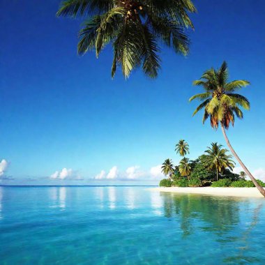 A high-resolution ultrarealistic image of a tropical island, captured in exquisite digital photography. The island, lush with palm trees and rich green vegetation, stands out vividly amidst an azure expanse. Surrounding the island is crystal-clear clipart