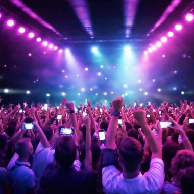 A high-resolution ultrarealistic image photograph captures an electrifying concert crowd in mid-action. Numerous excited attendees, adorned in casual, dark-colored attire with bright wristbands, have their arms raised, forming iconic rock hand clipart