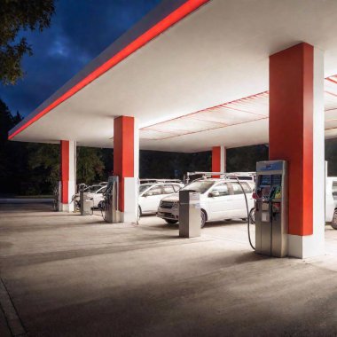 A high-resolution ultrarealistic image of a modern gas station at night. The image showcases a well-lit area with red and white themes, featuring multiple fuel pumps and a single car refueling under a large, illuminated canopy. The gas station clipart