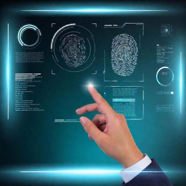 A high-resolution ultrarealistic image features a close-up of a person's index finger pressing against a transparent biometric scanner. The background showcases a blurry individual in professional attire, focusing attention on the fingerprint. The clipart