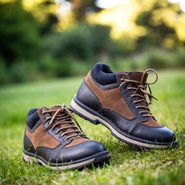 A high-resolution ultrarealistic image captures a close-up of two hiking boots stepping on a grassy trail. The image focuses on the details of the gray, well-worn leather boots with tightly tied laces and visible stitching. The jeans, slightly clipart