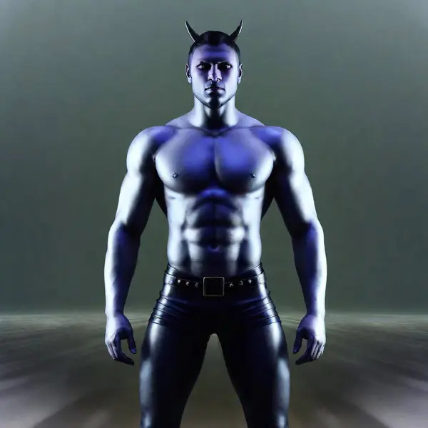 A high-resolution digital artwork features a muscular, blue-skinned male humanoid with curved black horns, pointed ears, and a long, spiked tail. He has short purple hair, intense eyes, and a clenched jaw, exuding a powerful and enigmatic presence
