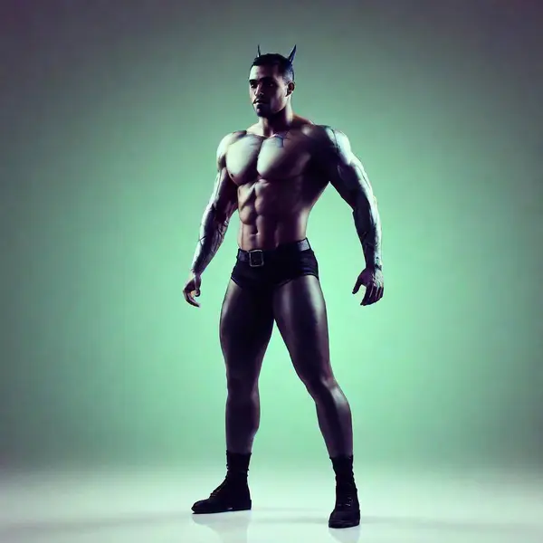 A high-resolution digital artwork features a muscular, blue-skinned male humanoid with curved black horns, pointed ears, and a long, spiked tail. He has short purple hair, intense eyes, and a clenched jaw, exuding a powerful and enigmatic presence
