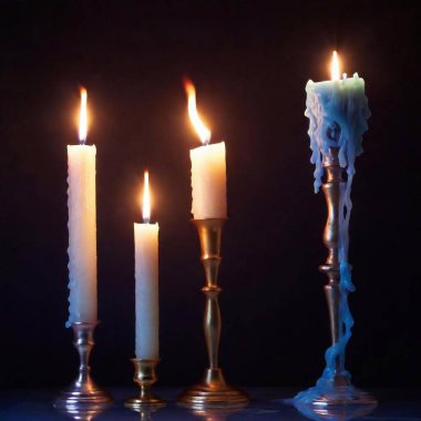 A high-resolution ultrarealistic image capturing three tall, slightly melted candles with flames radiating a soft, golden glow. The candles, seemingly suspended in mid-air, are surrounded by ethereal, swirling tendrils of blue and white smoke clipart