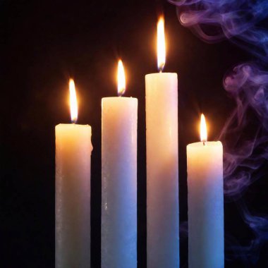 A high-resolution ultrarealistic image capturing three tall, slightly melted candles with flames radiating a soft, golden glow. The candles, seemingly suspended in mid-air, are surrounded by ethereal, swirling tendrils of blue and white smoke clipart