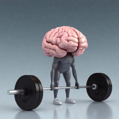 A high-resolution digital artwork featuring a remarkably detailed anthropomorphic brain lifting a barbell with black weights. The brain, rendered with realistic textures, stands on slender, cartoon-like legs with tiny feet, giving it a whimsical and clipart