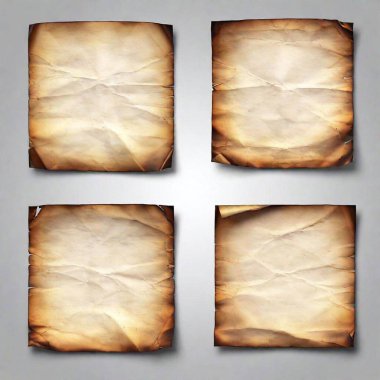 A high-resolution ultrarealistic image of four old, parchment papers against a white background. The digital artwork captures the textures and details of each paper, showcasing their unique wear and tear. The top-left paper appears slightly wrinkled clipart