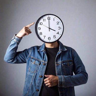 A high-resolution ultrarealistic image showing a person with a clock as a head. The subject is wearing a denim jacket over a black shirt, with one hand on their hip and the other pointing upwards. This surreal photograph is meticulously detailed clipart