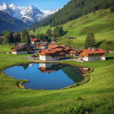 A high-resolution ultrarealistic image shows a scenic alpine village nestled in a valley. Photorealistic rendering presents green meadows and dense pine forests, with charming wooden houses scattered on rolling hills. A serene, reflective lake clipart