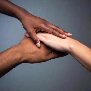 A high-resolution ultrarealistic image capturing a close-up view of multiple hands gently stacked on top of each other, symbolizing unity and support. The photograph features diverse hands of various skin tones and ages, with clear, detailed clipart