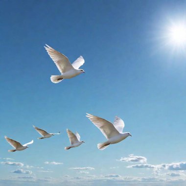 A high-resolution digital artwork depicting a serene sky filled with white doves. The primary subject is a prominent dove in the foreground, wings spread wide against a backdrop of soft blue sky and fluffy white clouds. Additional doves soar clipart