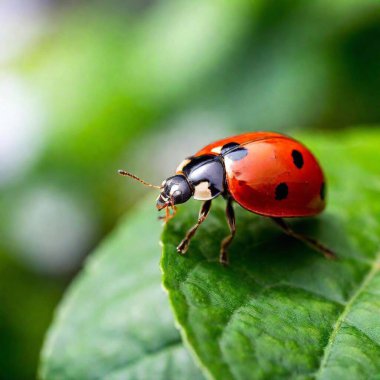 A high-resolution ultrarealistic image of a bright red ladybug, captured in stunning detail in digital art style against a pure white background. The ladybug's prominent features include its vivid red elytra adorned with distinct black spots, a clipart