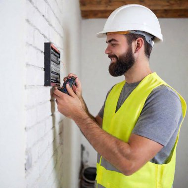 A high-resolution ultrarealistic image captures a professional electrician mid-task. The digital photograph showcases a male electrician with a beard, wearing a white hard hat, gray t-shirt, and yellow safety vest. He smiles while using a multimeter clipart