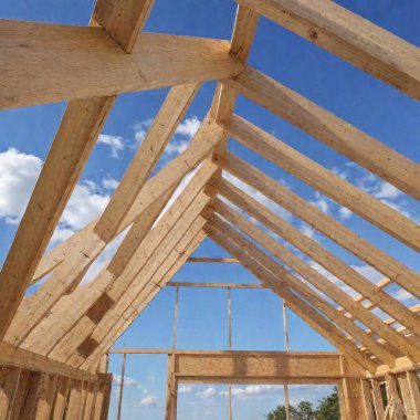 A high-resolution ultrarealistic photo of a house under construction, showcasing intricate wooden framework. The image captures the skeleton of the building with detailed, precisely cut lumber forming the roof and walls. Set against a bright blue clipart