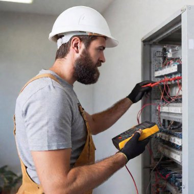 A high-resolution ultrarealistic image of a male electrician working on wiring inside an electrical panel. The image is a photo and showcases a bearded man wearing a white hard hat, a grey T-shirt, and a yellow safety vest. He uses a multimeter with clipart