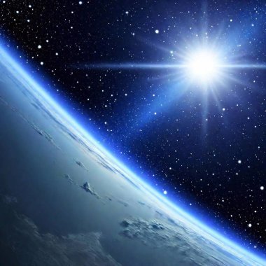 A high-resolution digital artwork of Earth viewed from space with the Sun rising behind the horizon. The planet's curvature is visible, showcasing detailed cloud formations against the deep blue oceans. Radiant beams of light emanate from the Sun clipart