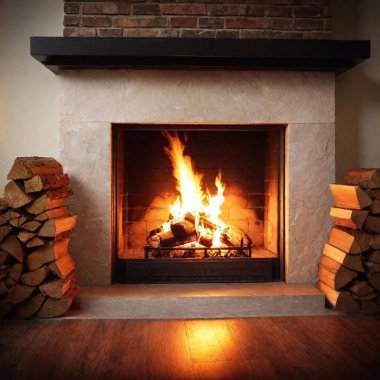 A high-resolution ultrarealistic image of a cozy fireplace, captured in a digital photograph. Centered in the frame, the vibrant flames dance around several meticulously arranged logs, emitting a warm, golden glow. The fire provides a contrast to clipart