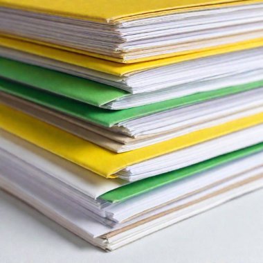 A high-resolution ultrarealistic image of a massive stack of disorganized paperwork placed on a white surface. The pile consists of various documents enclosed in yellow, green, and beige file folders, some loosely bound by colored rubber bands. The clipart