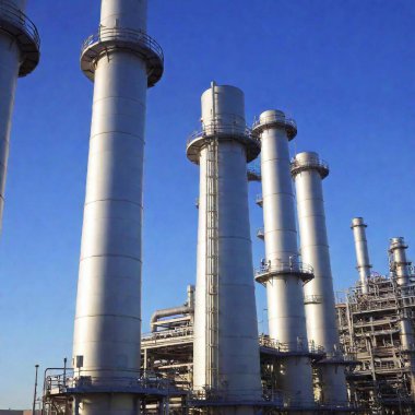 A high-resolution ultrarealistic image of an industrial refinery under a vivid blue sky. The photo art style captures intricate details of towering steel structures and chimneys. Several tall columns and stacks, slightly weathered, dominate the clipart