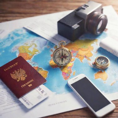 A high-resolution ultrarealistic image captures essential travel items meticulously arranged on a vibrant world map. Central to the composition are two passports, one red and one blue, with golden embossed world emblems. Beside them lie two credit clipart