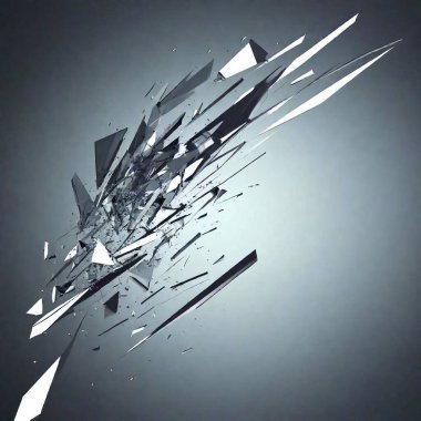 A high-resolution ultrarealistic digital artwork of shattered glass mid-explosion. The scene captures a chaotic array of sharp glass shards suspended in mid-air, with pieces propelled violently from a point of impact on the left side. The background clipart