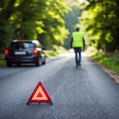 A high-resolution ultrarealistic image capturing a vibrant red emergency warning triangle on a rural road. The image is a high-quality photograph focusing on the sturdy, reflective triangle positioned on the asphalt. In the blurred background, a clipart