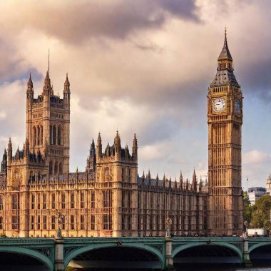 A high-resolution ultrarealistic image showcasing the Gothic Revival architecture of the Houses of Parliament and Big Ben in London. This digital art features the intricate details of the Westminster Palace with its towering spires bathed in golden clipart