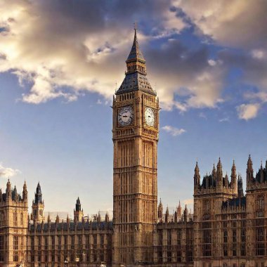 A high-resolution ultrarealistic image showcasing the Gothic Revival architecture of the Houses of Parliament and Big Ben in London. This digital art features the intricate details of the Westminster Palace with its towering spires bathed in golden clipart