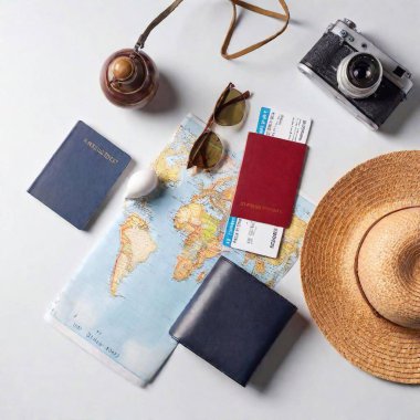 A high-resolution ultrarealistic image of a travel-themed flat lay arrangement in natural lighting. Central objects include a detailed vintage camera, a miniature airplane model, a red passport, and a boarding pass, all set on an unfolded world map clipart