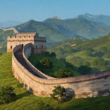 A high-resolution ultrarealistic image captures a panoramic view of the Great Wall of China, showcasing its serpentine path over lush, verdant hills. The digital artwork presents intricate stone details of the wall's construction, featuring rugged clipart