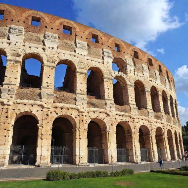 A high-resolution ultrarealistic image depicts the iconic Roman Colosseum bathed in warm daylight. This digital artwork captures the ancient amphitheater's intricate architectural details, including its arched openings and layered stone construction clipart