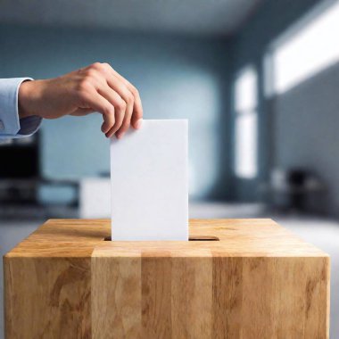 A high-resolution ultrarealistic image of a person's hand inserting a white paper ballot into a wooden ballot box. The hand is dressed in a light blue shirt, and the overall setting is bright with a softly blurred office background. The focus on the clipart