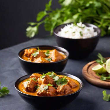 A high-resolution ultrarealistic image depicts a traditional Indian dish, Butter Chicken, in a dark bowl. The digital photograph highlights succulent pieces of chicken coated in a rich, creamy, orange-hued sauce. Fresh, bright green cilantro leaves clipart