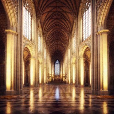 A high-resolution ultrarealistic image of a grand medieval cathedral interior, created in digital art style. The scene features towering Gothic arches and intricately detailed stone pillars. A massive iron chandelier adorned with numerous candles clipart