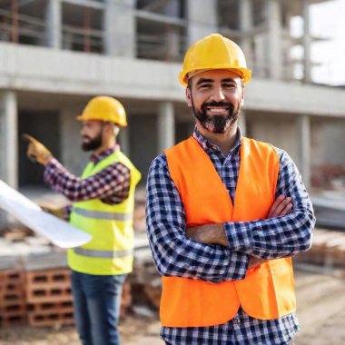 A high-resolution ultrarealistic image of three construction workers, in a photo style, showcasing a detailed and professional work scene. The foreground features a smiling man with a beard, wearing an orange safety vest over a plaid shirt, and a clipart