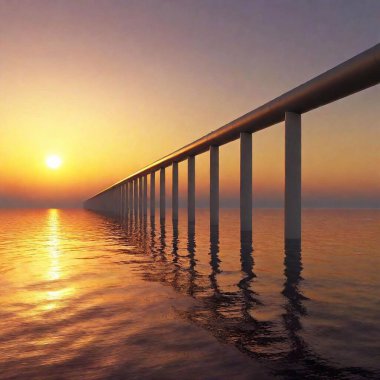 A high-resolution ultrarealistic image depicting a set of large, metallic pipelines stretching into the horizon over a vast body of water. The digital artwork captures the sunset, casting a warm, golden hue across the scene. The sun is low, creating clipart