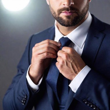 A high-resolution ultrarealistic image of a professionally dressed man in a dark navy blue suit. This digital photograph showcases the man adjusting his matching navy blue tie over a crisp white dress shirt. The man's hair is neatly styled clipart