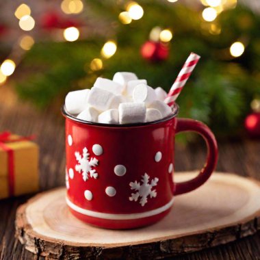 A high-resolution ultrarealistic image of a cozy Christmas scene featuring a vibrant red mug filled with marshmallows and cocoa, adorned with a striped straw. The mug is set on a rustic wooden surface, surrounded by festive decorations. Two candy clipart